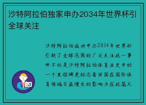 沙特阿拉伯独家申办2034年世界杯引全球关注 沙特阿拉伯独家申办2034年世界杯引全球关注